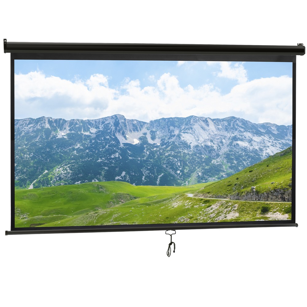 100" Projector Screen Pull Down Manual 16:9 HD Ceiling Wall Mount Black Portable