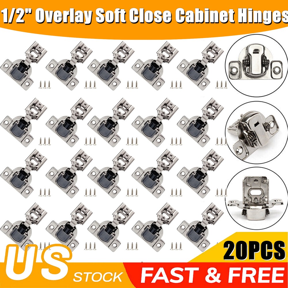 20 Pack 1/2" Overlay Soft Close Face Frame 105° Compact Cabinet Hinges Handware