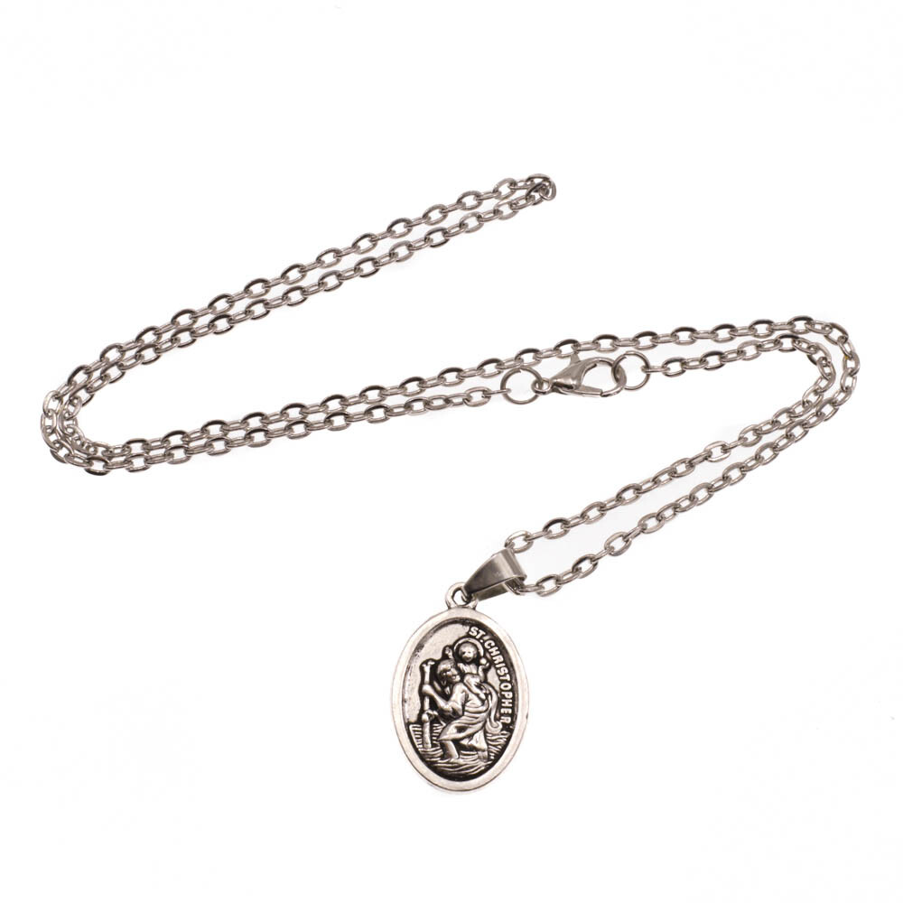 Saint St Christopher Protect Us Oval Silver Medal Pendant Necklace 18" Chain