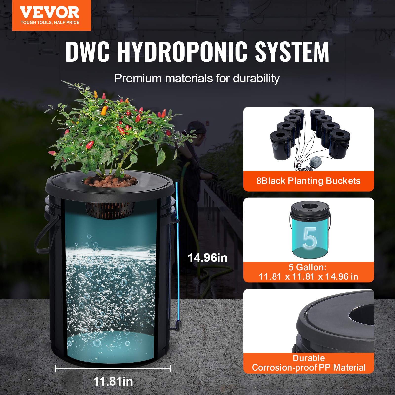VEVOR Hydroponics Deep Water Culture DWC Hydroponic System 5 Gallon 8 Buckets
