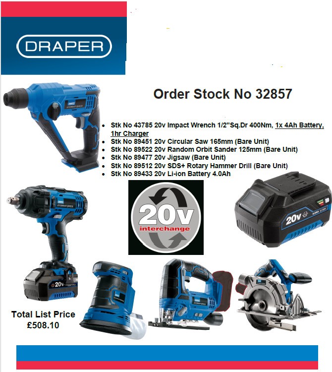 Draper  9pc 20v  Storm Force tool kit  70% off List, NOW with impact driver
