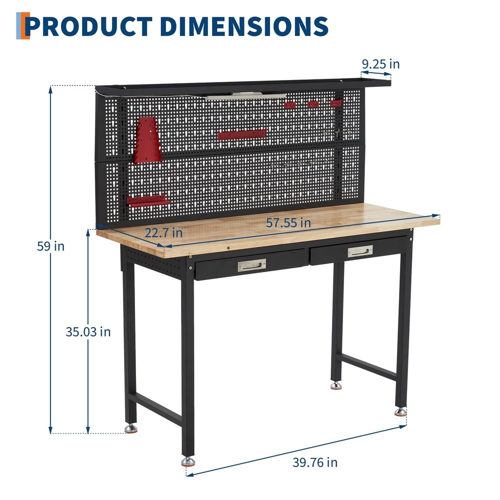 🔝60" Adjustable Heavy Duty Workbench 2000 LBS Work Table with 2 Drawers LED Lig