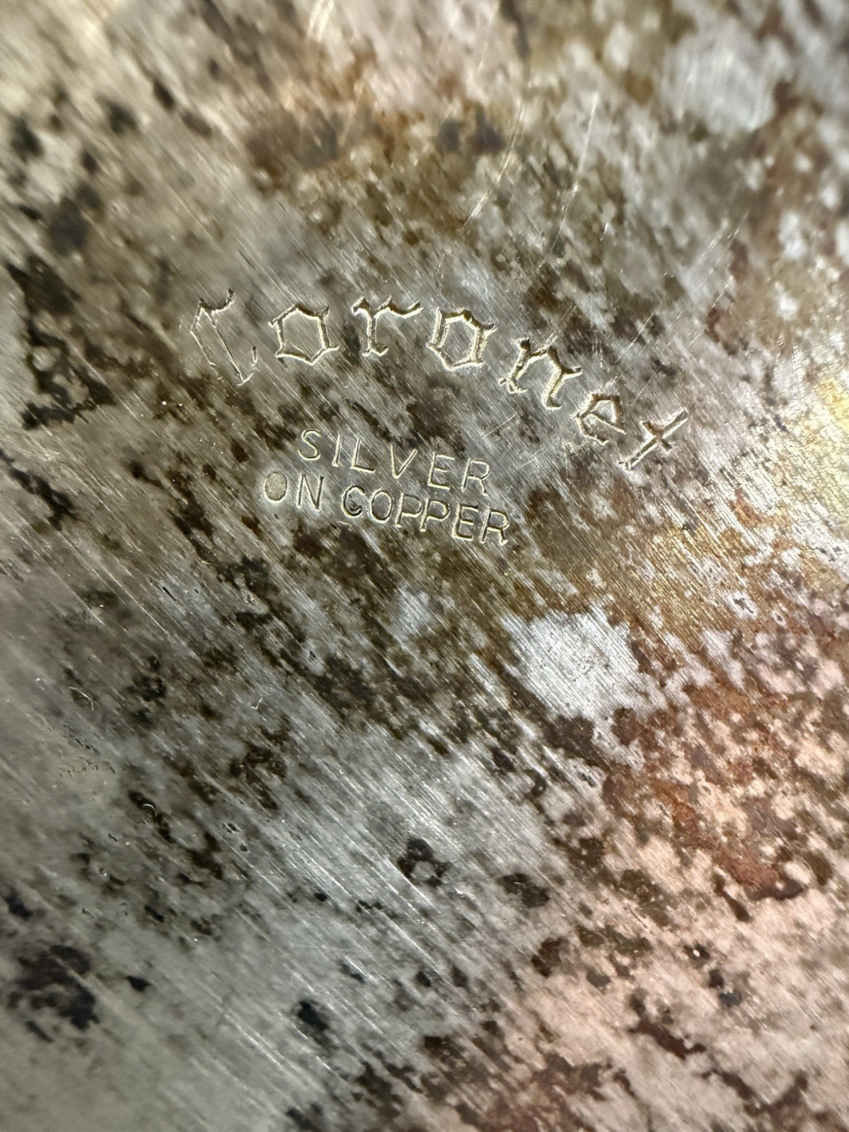 Vintage Coronet Silver on Copper Round Ornate Footed Serving Tray