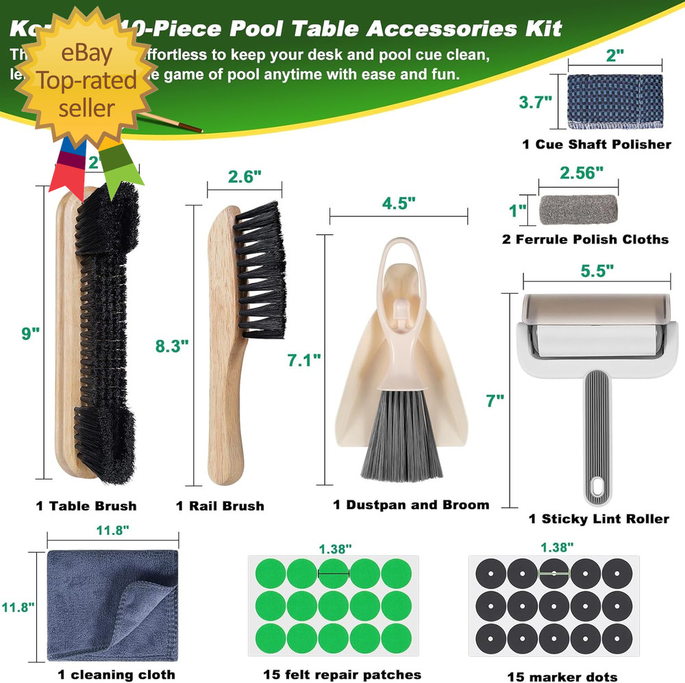 Billiard Pool Table Accessories Kit: 10 Piece Set with 2 Pool Table Brushes