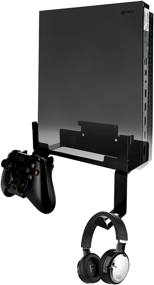 Secure Xbox One X Wall Mount Stand with Detachable Controller & Headphone Holder