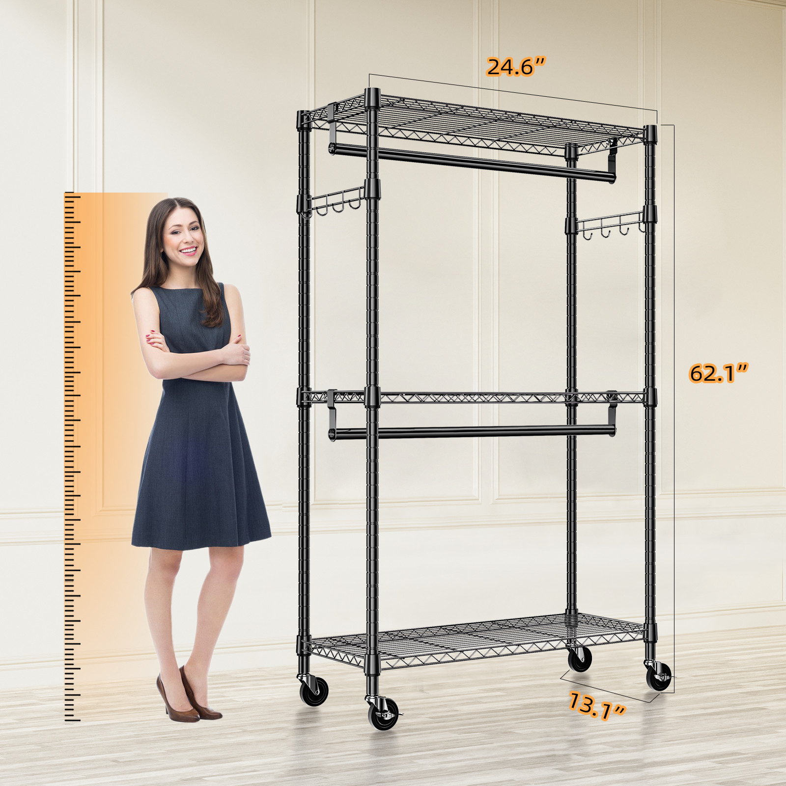 75 in Garment Rack Storage Closet Clothing on Wheels Hanging Clothes Heavy Duty