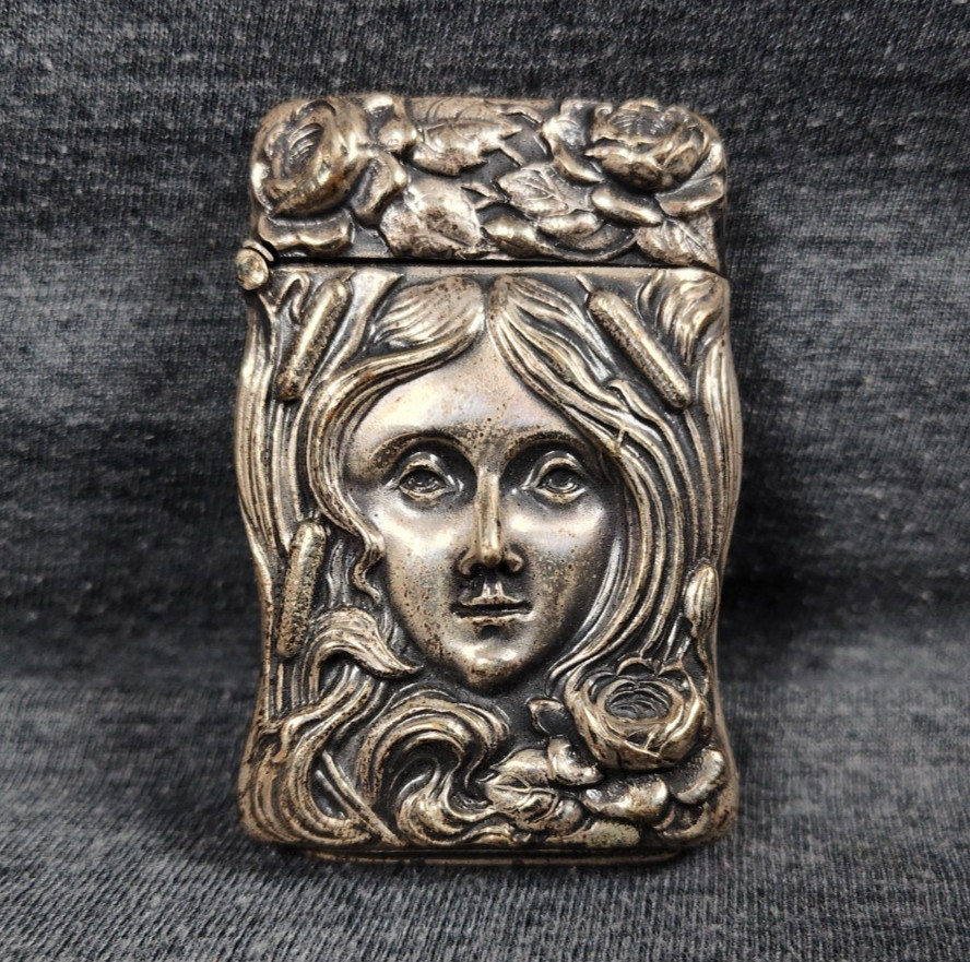 1870's Antique German Silver Art Nouveau Woman Lady Match Safe Vesta