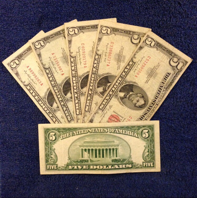 ☆$5 Five Dollar Red Seal Lincoln Dollars ☆Red Certificate Old Money☆1953 1963☆