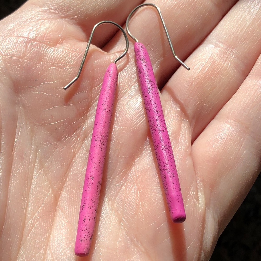 Unique dangle earrings speckled fuchsia polymer clay?