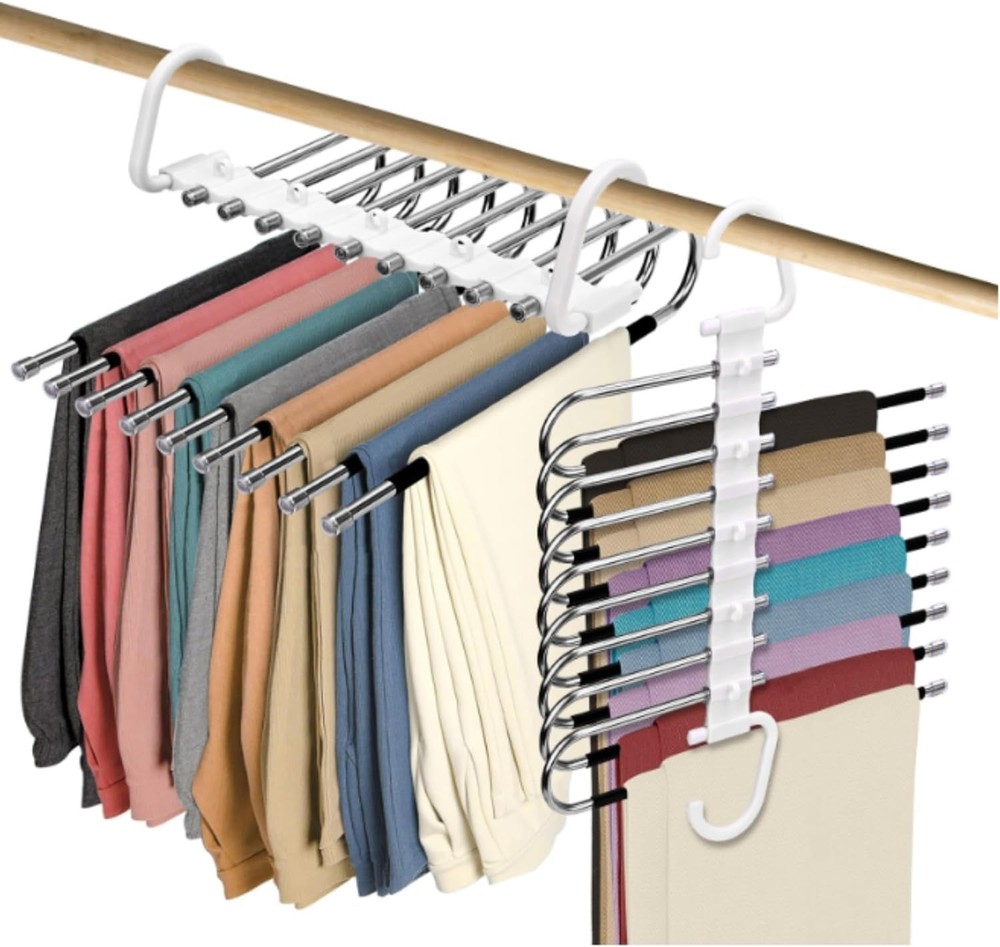 2 Pack 9 Layer Foldable Pants Hangers, White, Space Saving, Multifunctional
