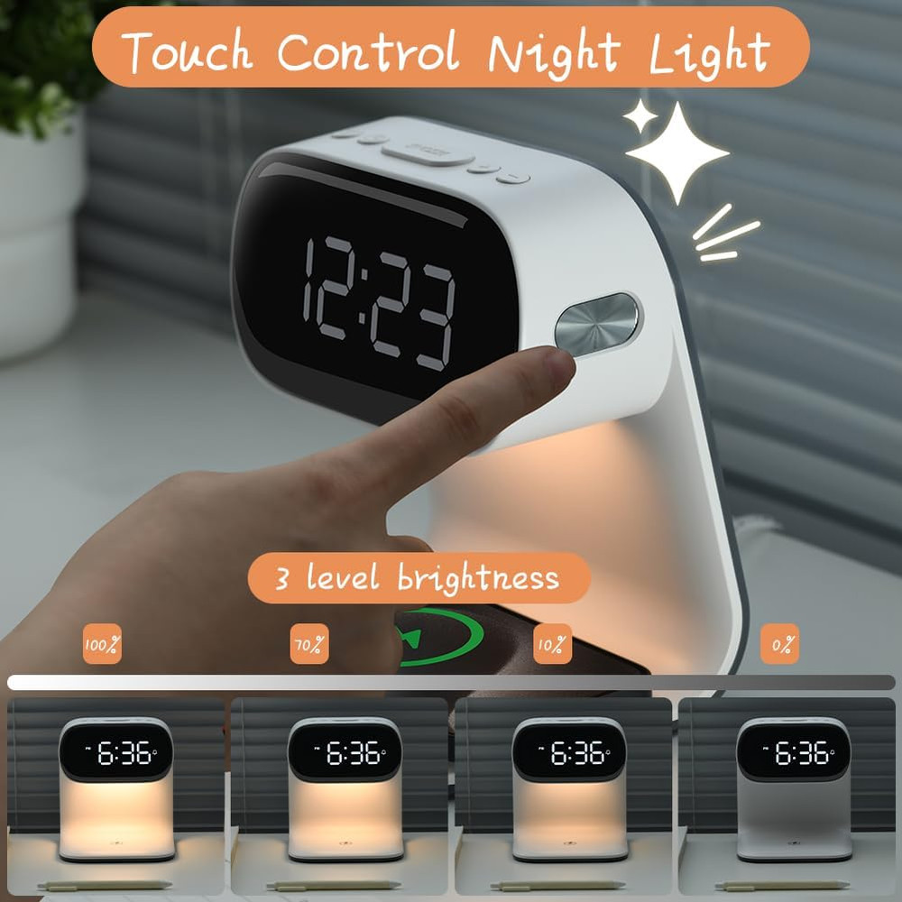 Alarm Clock with Wireless Charging,Dimmable Night Light,Snooze Function,10W Fast