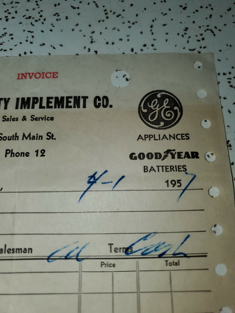 1957 Invoice CLAY CITY IMPLEMENT CO. / JOHN DEERE / GOODYEAR / G.E.