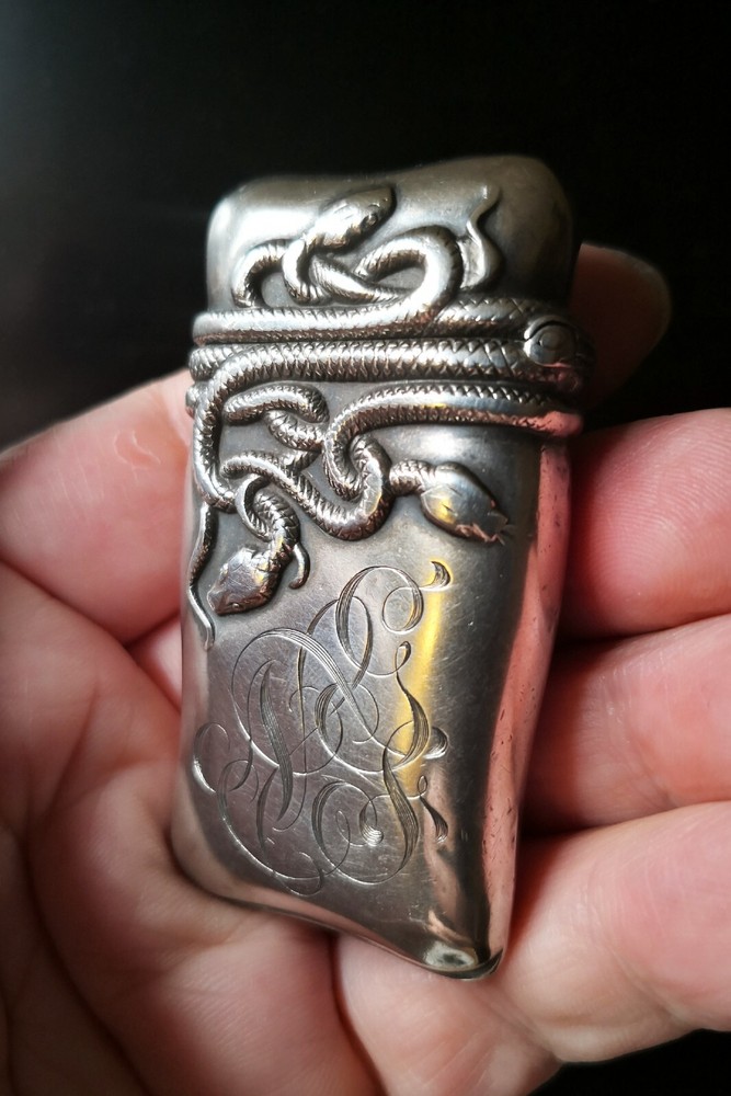 Superior Antique Coiled Snake Silver Match Safe / Vesta Case