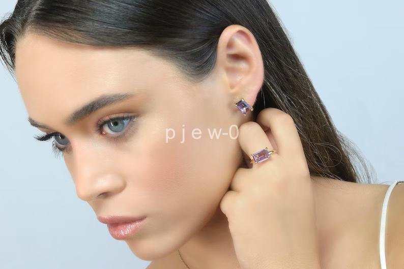 Purple Amethyst ring, Emerald Cut Silver Ring, Gemstone Ring Stackable Ring V5