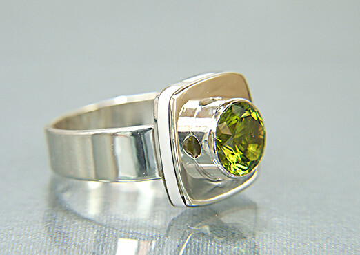 Peridot Ring. With White Marble Inlay. Custom Stone. Size 7.5