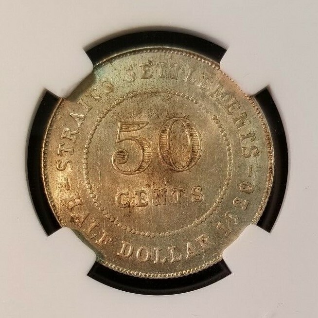 1920 STRAITS SETTLEMENTS SILVER 50 CENTS CROSS BELOW BUST NGC MS 62