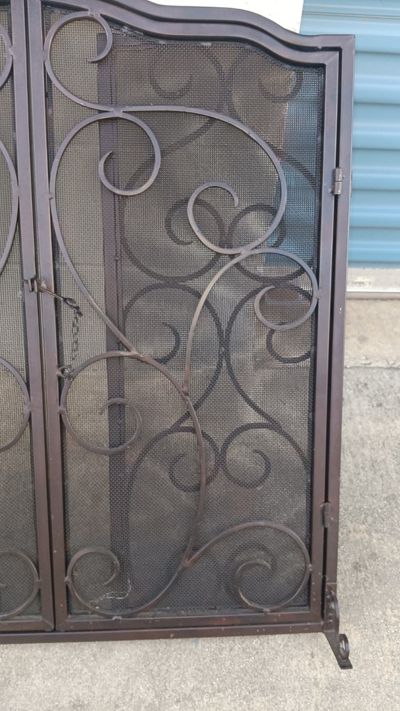 Modern 3 Panel Iron Folding Fireplace Screen with Doors, Black