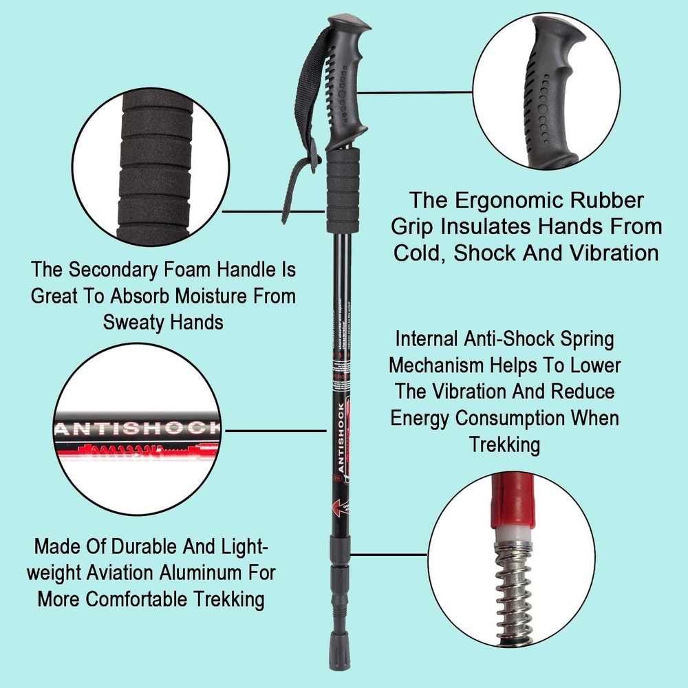 Ergonomic Hiking Poles with Anti-Shock Technology - Includes 10 Replacement Tips