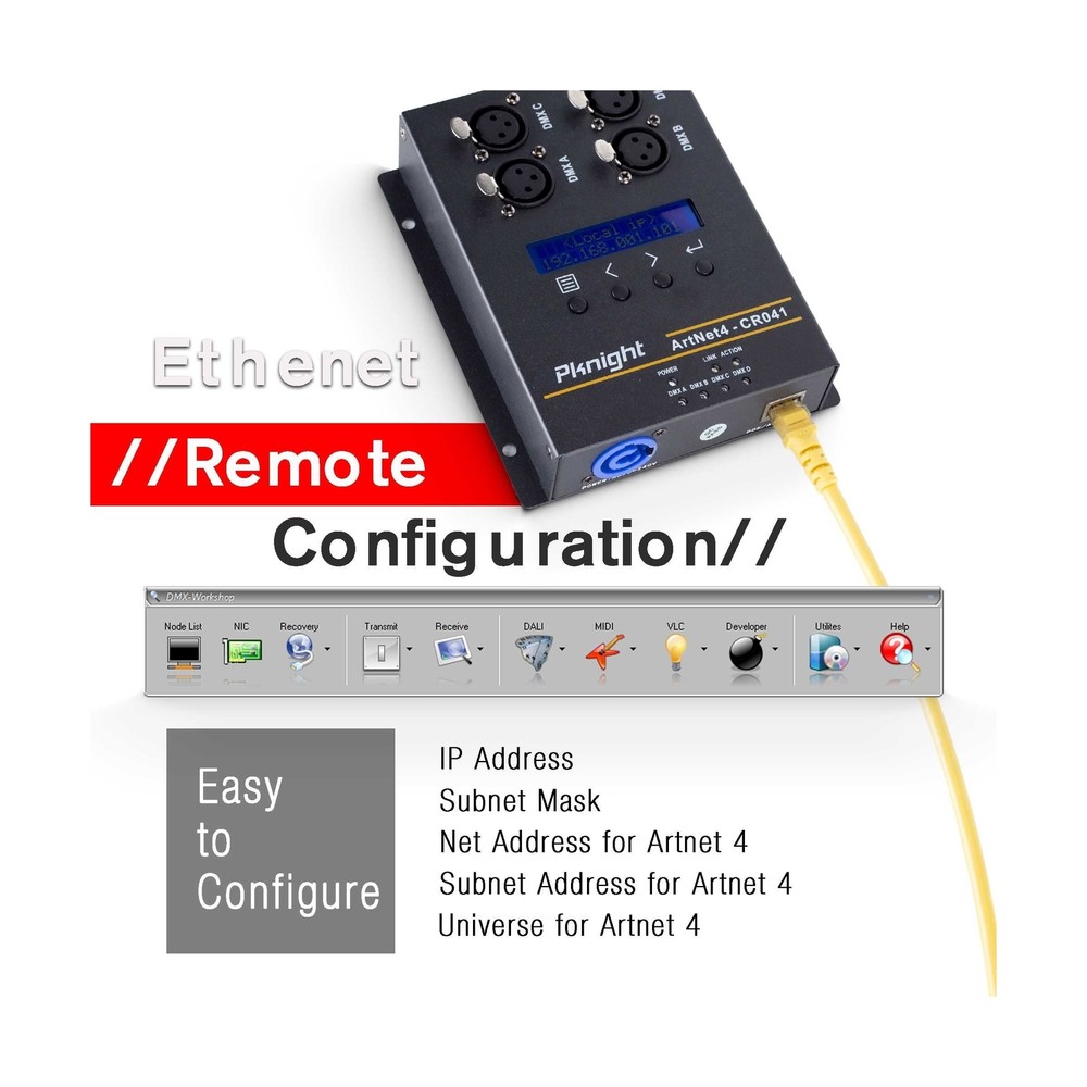 Pknight ArtNet DMX 2048 Ethernet Lighting Controller Interface，4 Universe