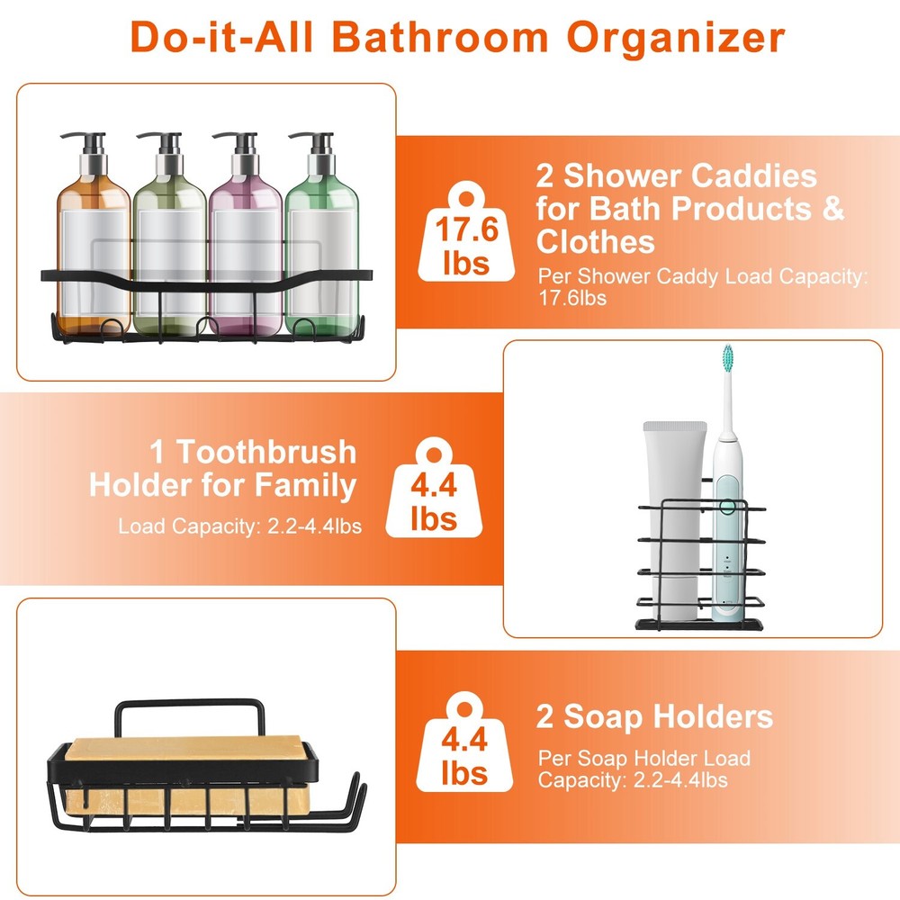 5 Pack Shower Caddy Shelves Rustproof Wall-Mounted Storage Shelves+18 Hooks Rack