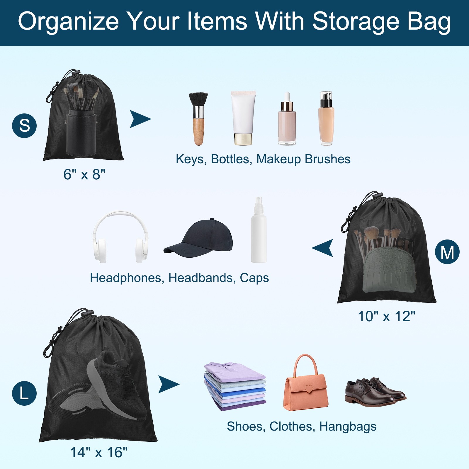 6pcs Drawstring Bag with Toggle 6 x 8 Inch 210D Polyester Stuff Sack Black