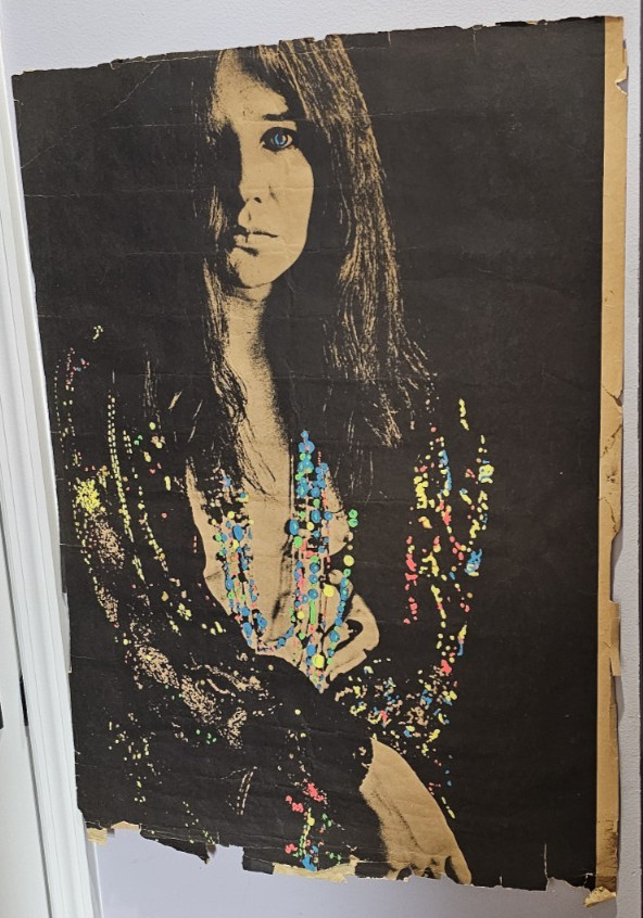 Vintage Janis Joplin Black & White Poster Altered Hand Painted Blacklight Paint