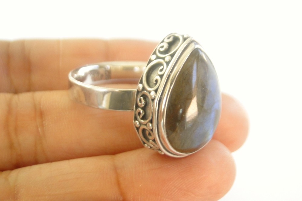 Labradorite Solitaire Ornate Pear Shape Sterling Silver Ring Size 8 1/2