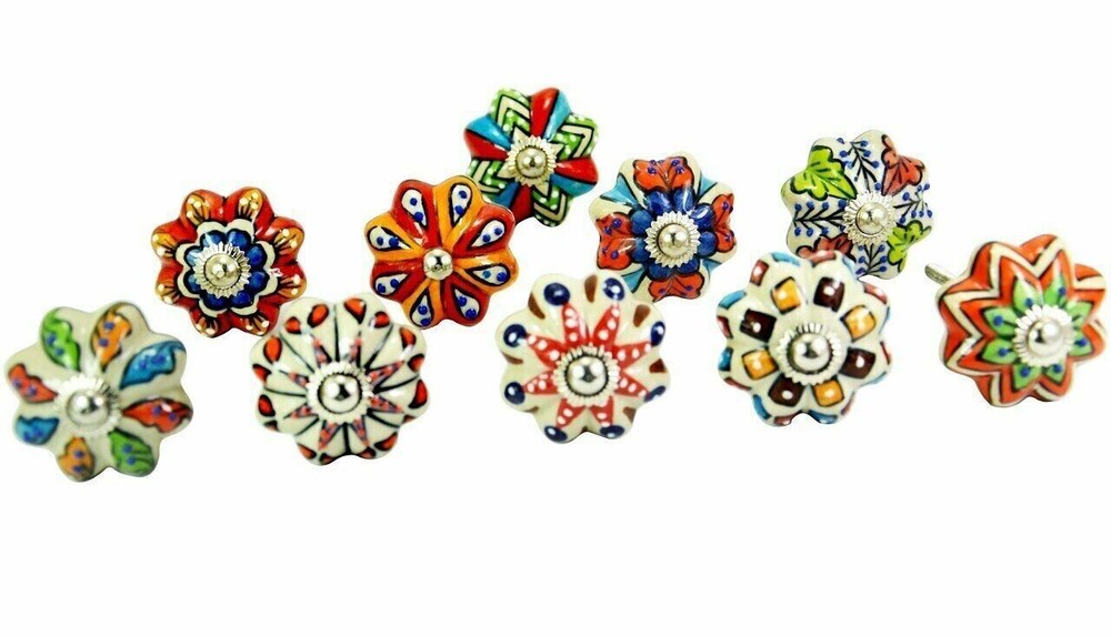 Indian 10 Pc Painted Colorful Cermic Door Knobs Pull Handles Cabinet Hand