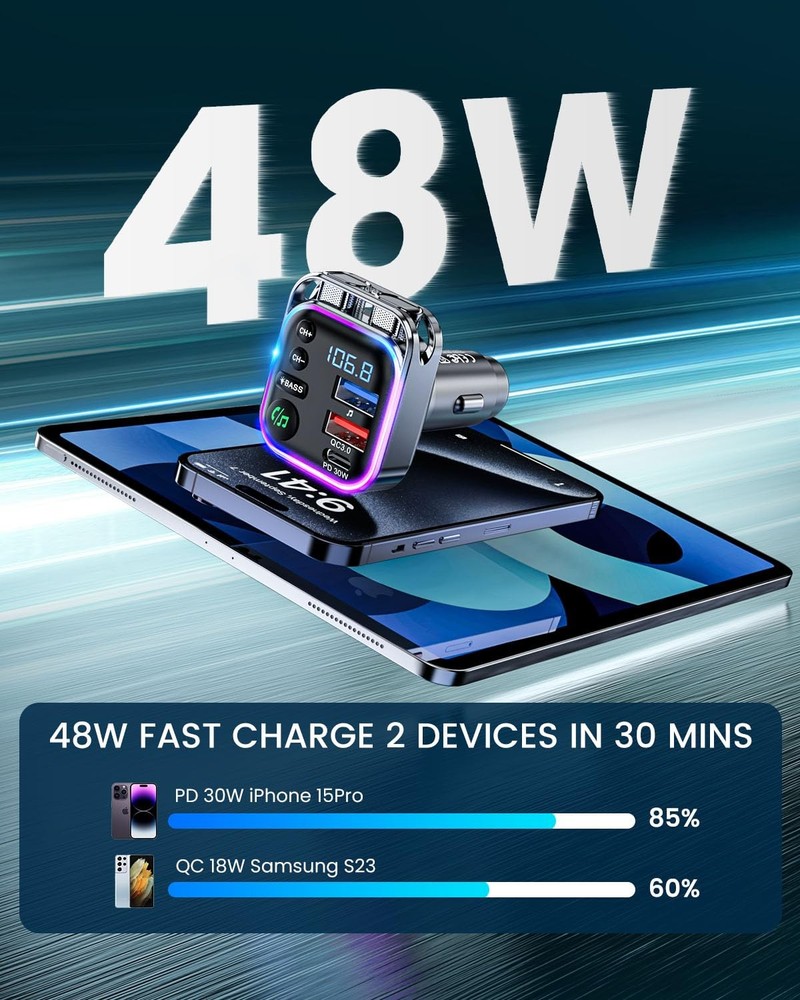 LENCENT Bluetooth 5.3 FM Transmitter Car Adapter 48W PD30W QC18W Fast Charge...