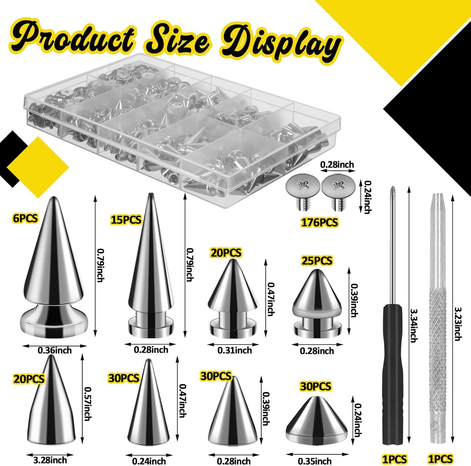 354 Pcs Metal Cone Spikes and Studs for DIY Punk Clothing and Accessories