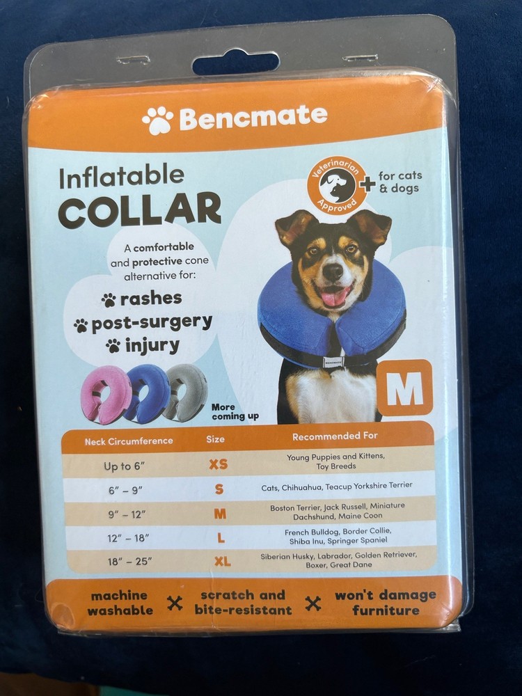 Bencmate Inflatable Dog Collar Size Medium Blue NEW