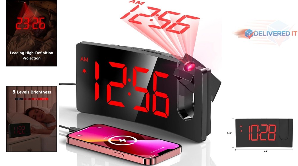 Projection Alarm Clock Digital with Curved Design 180° Rotatable Display