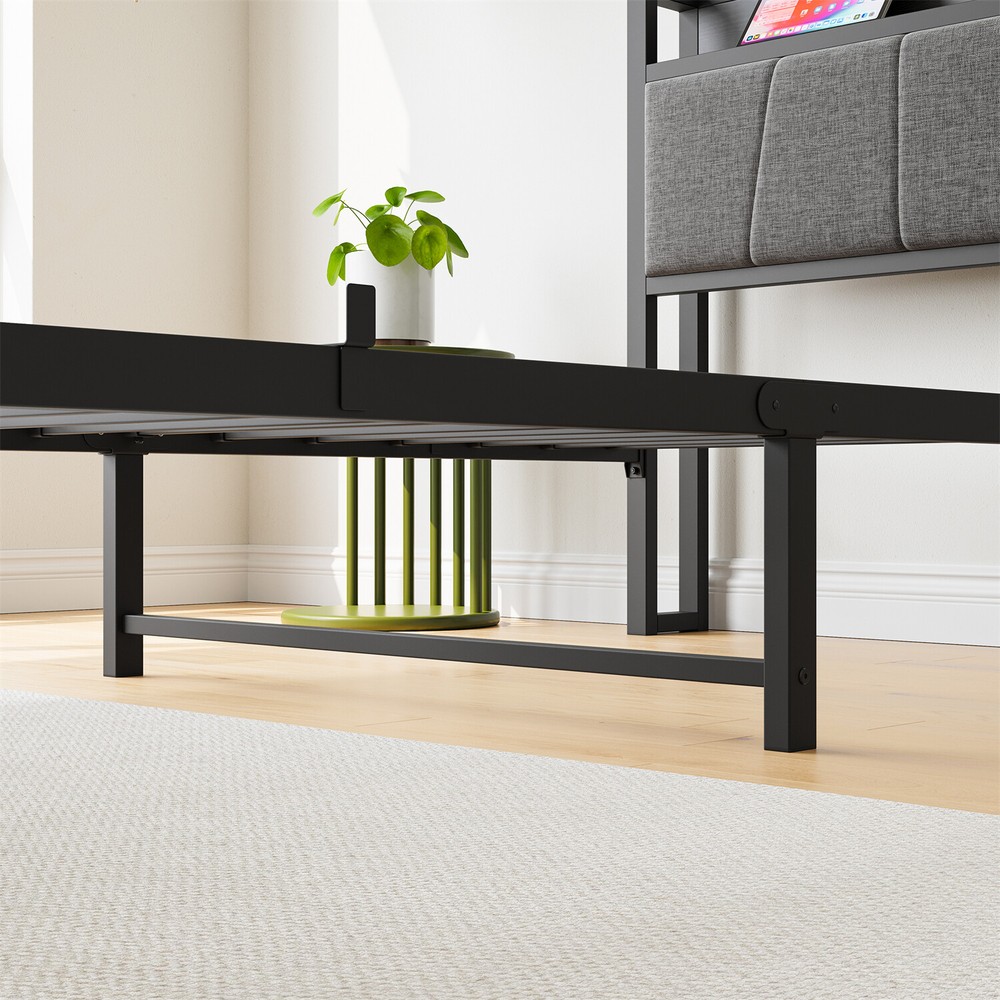 Twin/Full Size Bed Frame Metal Platform Bed Frame w/ Storage Headboard Black