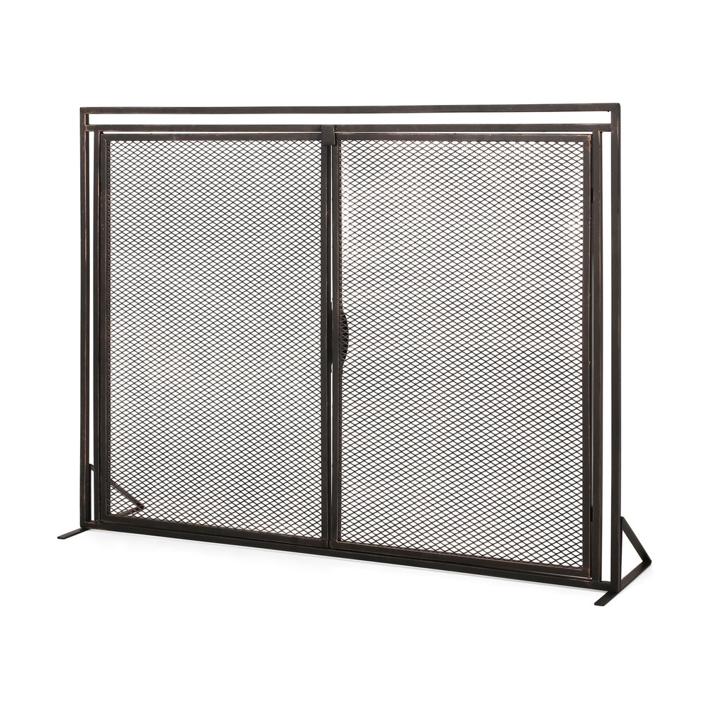 40" Iron Fireplace Screen Matte Black, Modern Single Panel with 2 Access Doors