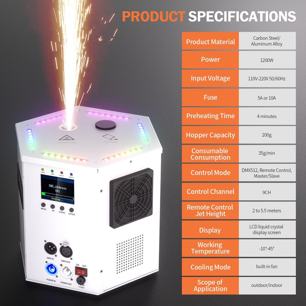 Stage Firework Machine 1200W DMX Cold Spark Machine with Wireless Remote Control