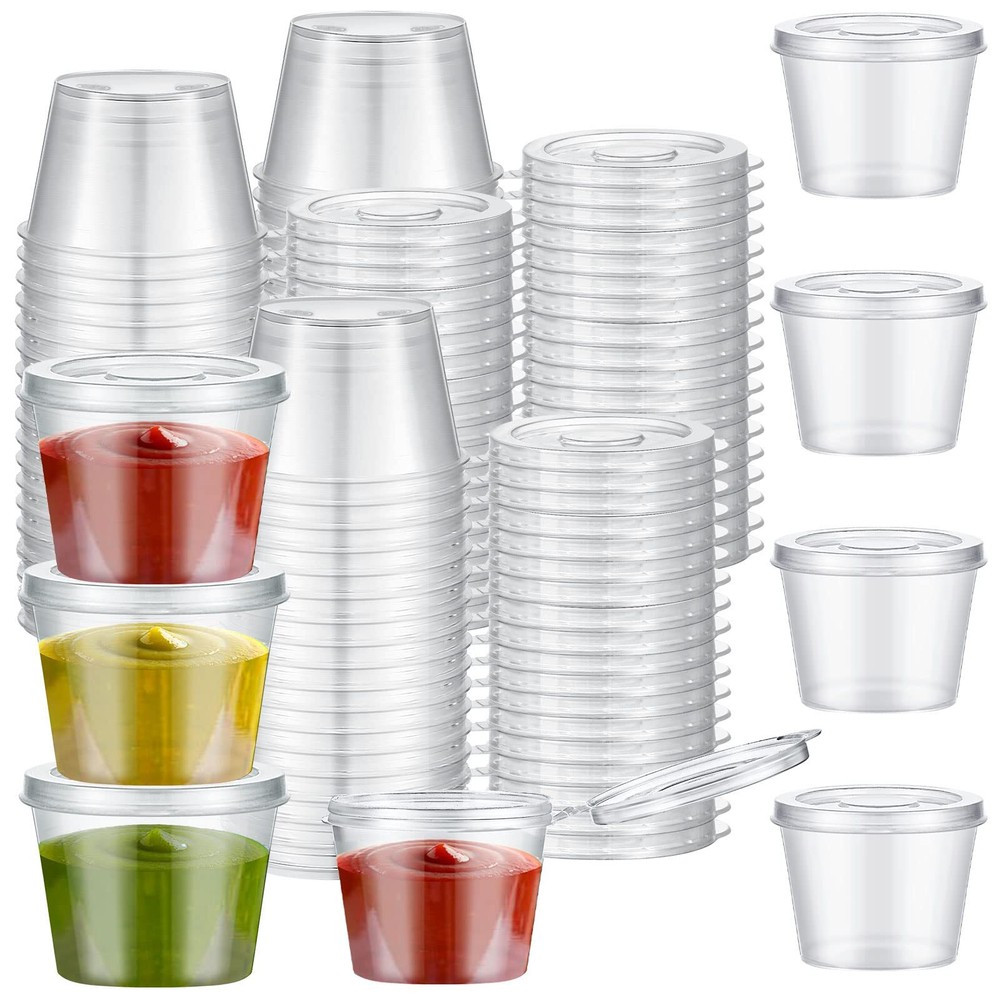 60 Pack Plastic Condiment Souffle Containers with Attached Lids 1 oz