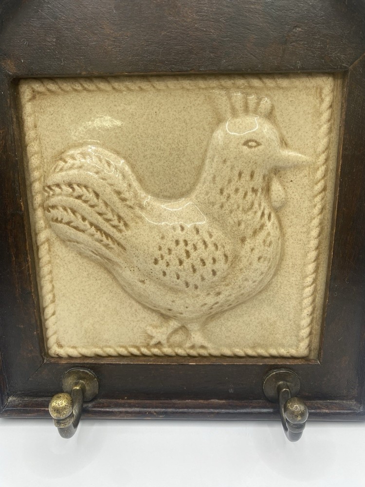 Rustic Pier One Wood Framed Ceramic Chicken Tile Key Holder
