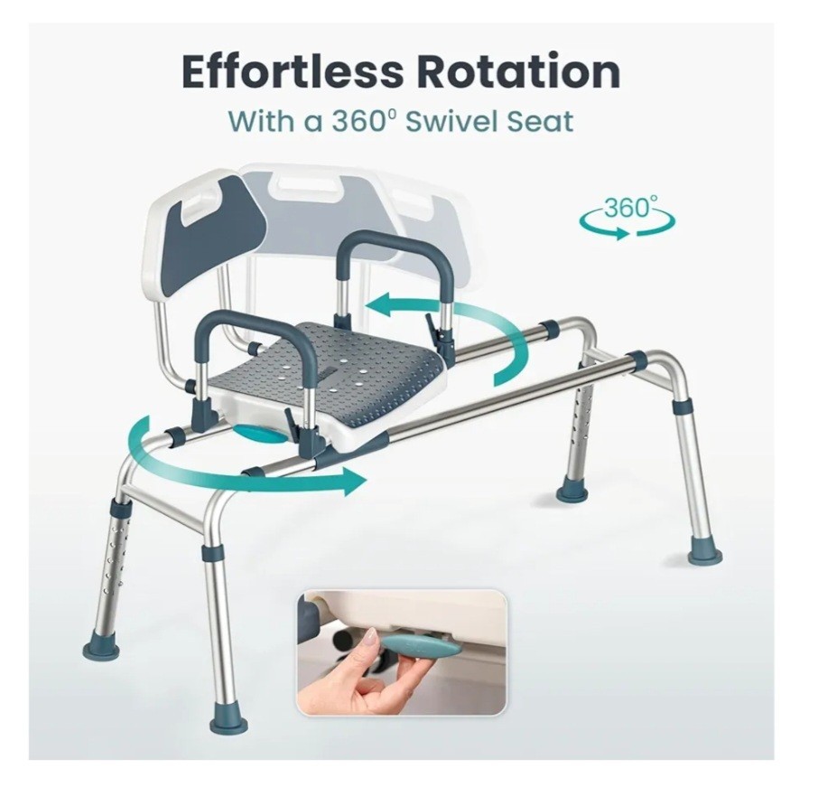 Sliding Shower Chair Tub Transfer Bench with Swivel Seat, Shower Bench, Blue