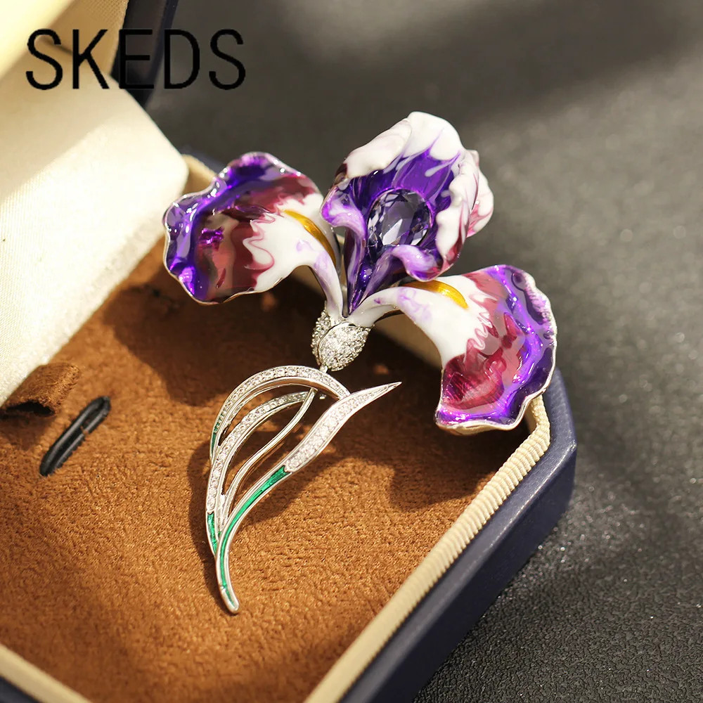 Vintage Purple Gradient Iris Brooch Elegant High-end Bouquet Pin Crystal Corsage