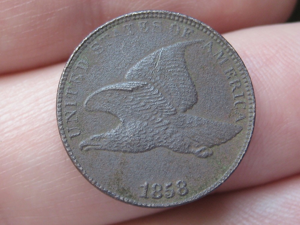 1858 Flying Eagle Penny Cent- Large Letters, Dark, XF Details