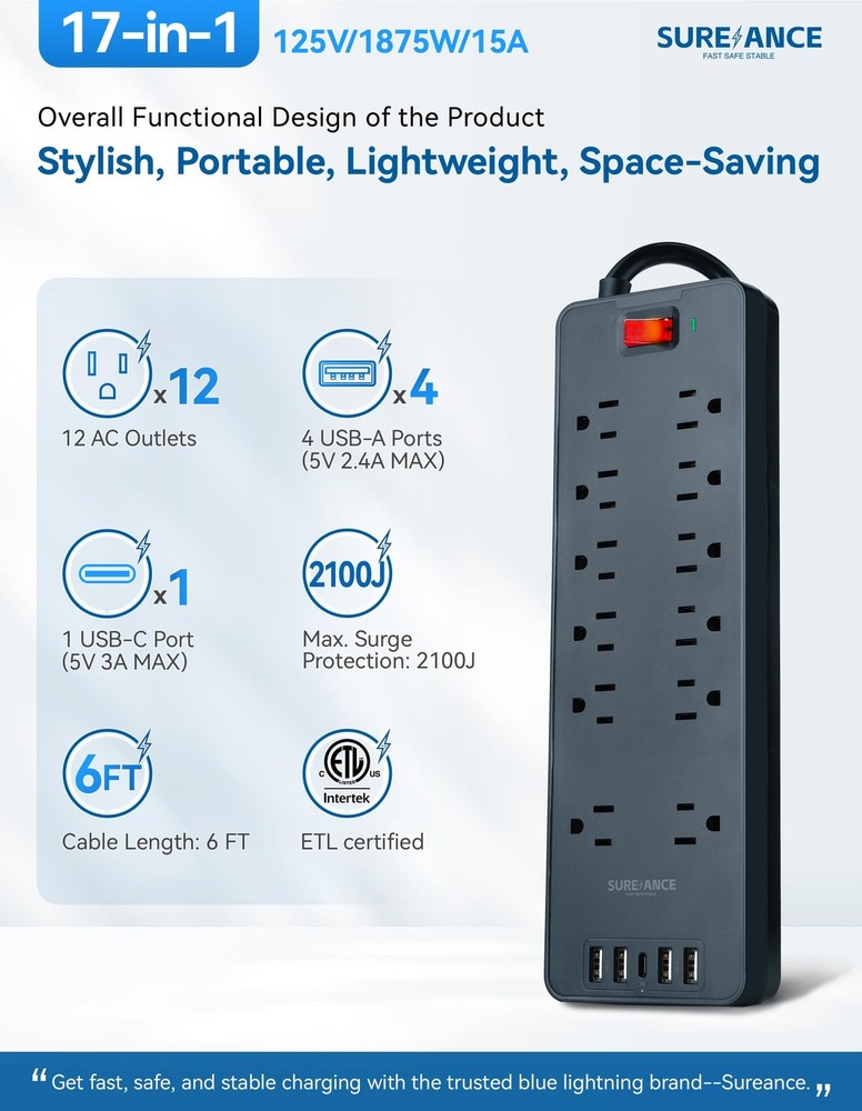 Surge Protector Power Strip - 12 Outlets Surge Protector ​​Outlet Extender​ w...