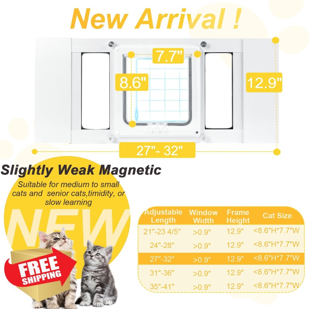Cat Door Window Insert 27-32" No Damage Aluminum Frame 4 Lock Modes