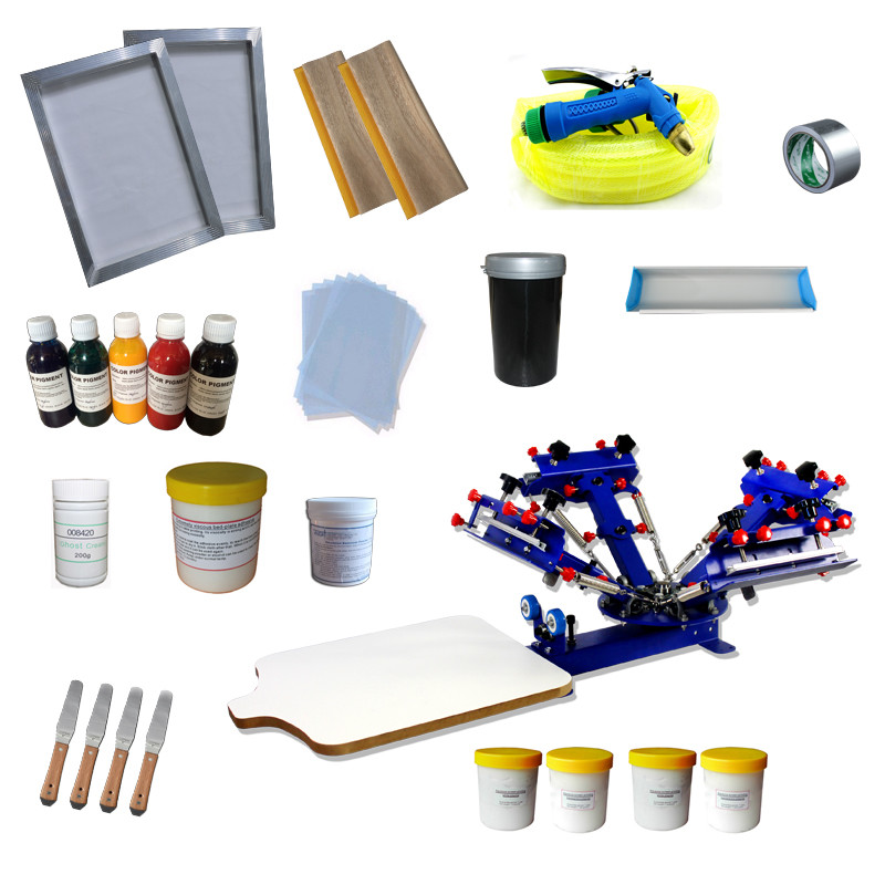 4 Color Srarter Screen Printing Kit Silk Screen Shirt Press Tools Ink Squeegee