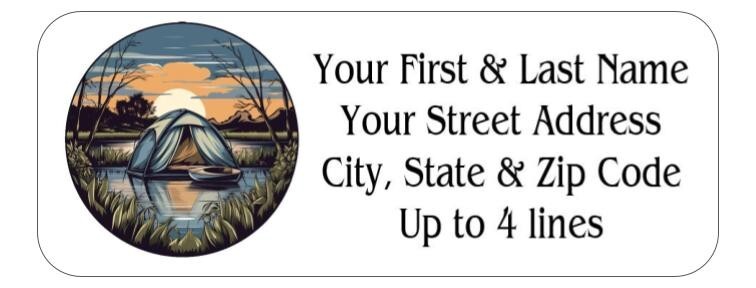 150 Sunset Camping Tent Round Return Address Labels Personalized    1 x 2 5/8