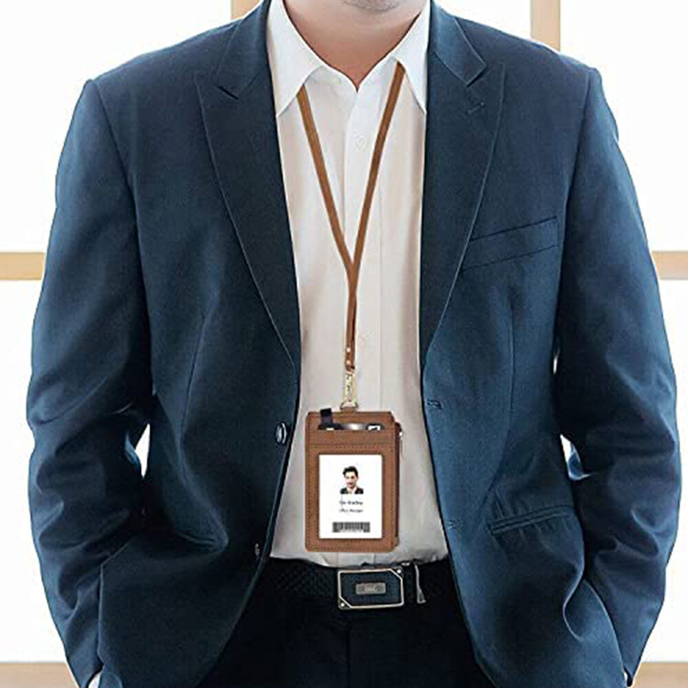 Leather ID Card Holder Vertical badge Wallet Multiple Slots Neck Strap Lanyard