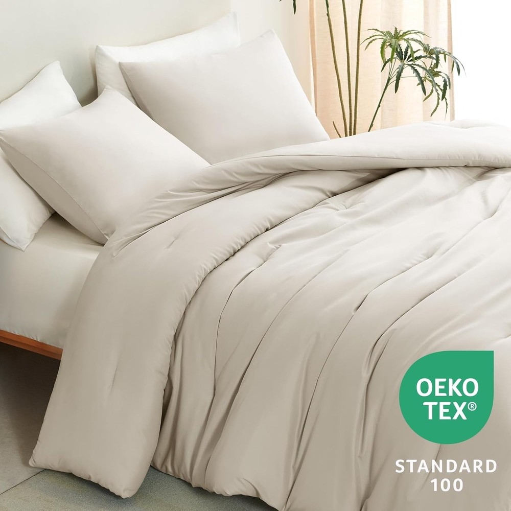 Beige Queen Comforter Set, 3 Pieces Boho Solid Breathable Quilted Style Beddi...