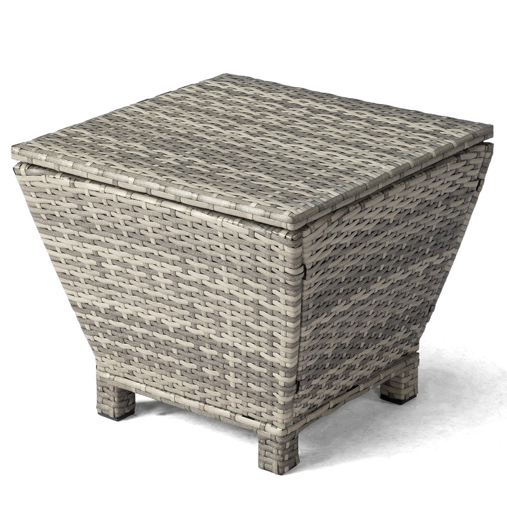 Outdoor PE Wicker Side Table with Storage, Small Patio Storage Bin