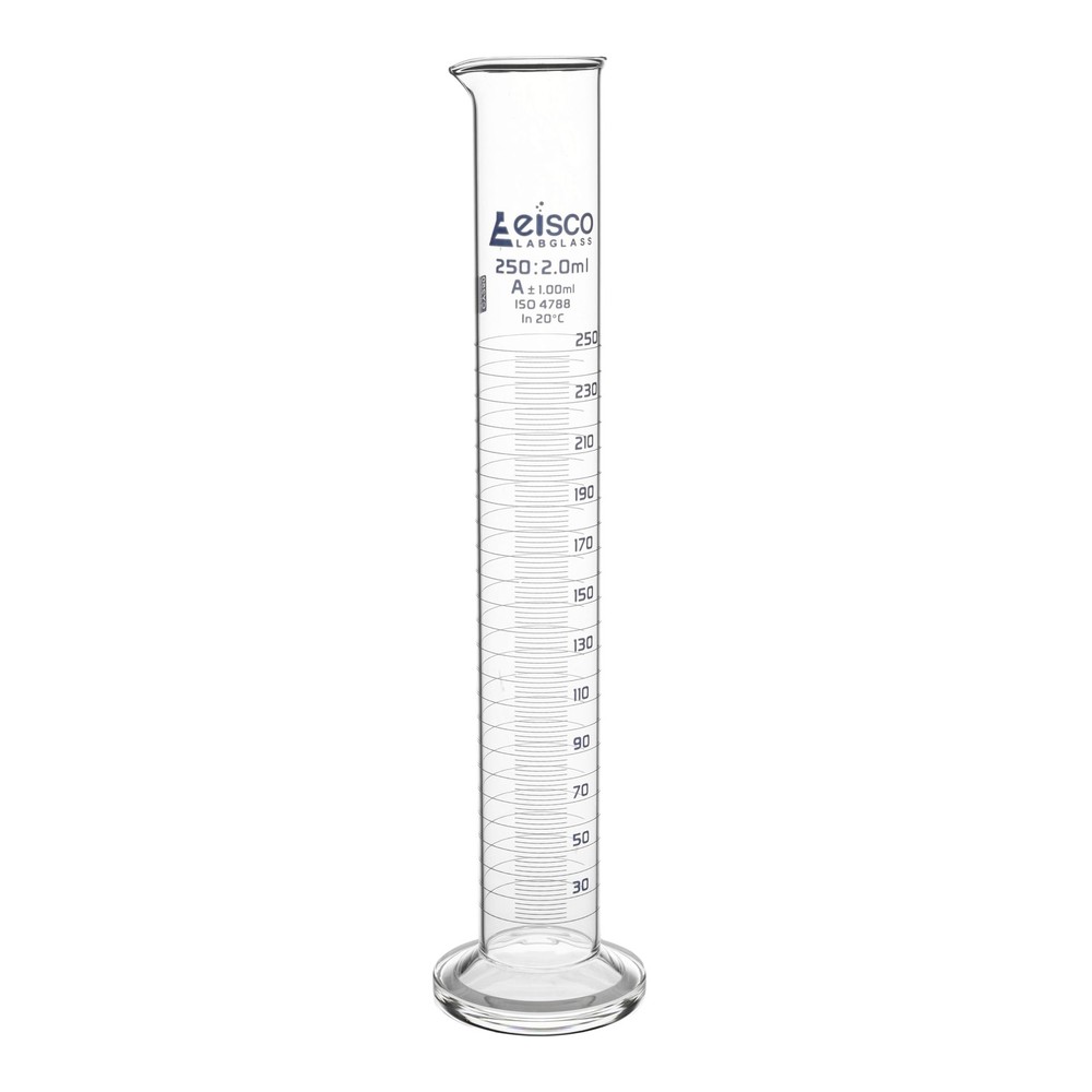 Graduated Cylinder, 250ml - Class A Tolerance ±1.00ml - Round Base - Blue Gra...