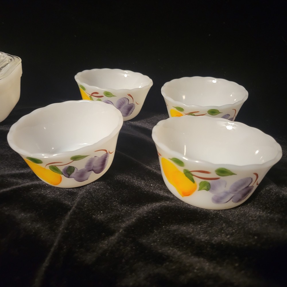 Fire King Anchor Hocking Fruit Pattern Milk Glass 6 Piece Set