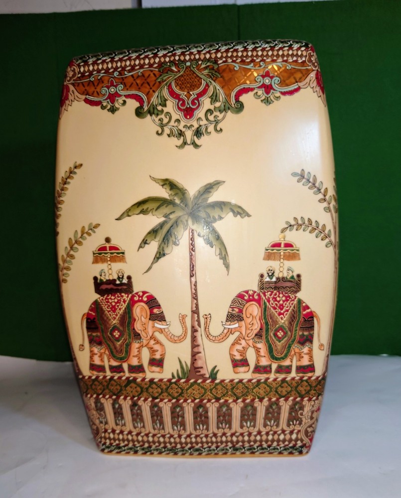 Vtg Ceramic Elephant, Palm Trees, Drum Stool, Impressed/Embossed Pattern. 17"H.